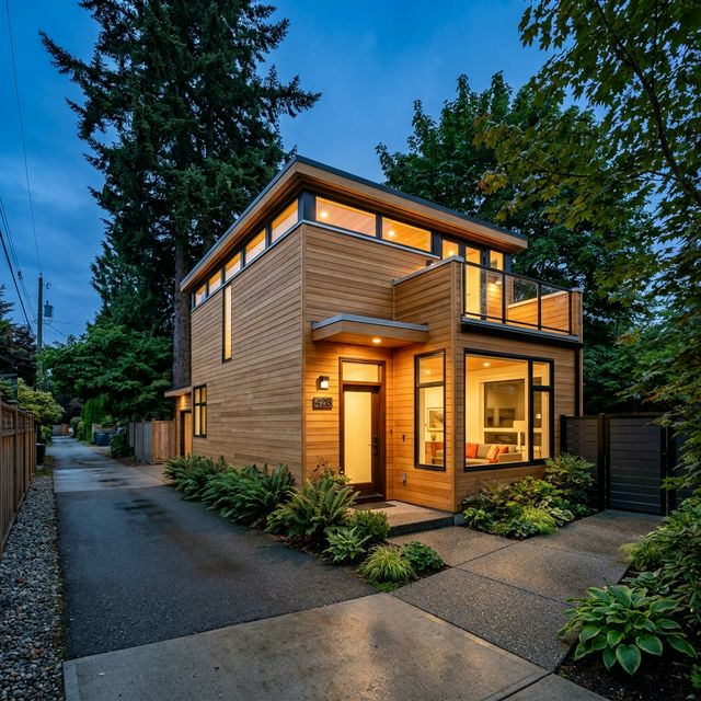 Modern cedar-clad laneway home Vancouver — two-storey detached dwelling at dusk