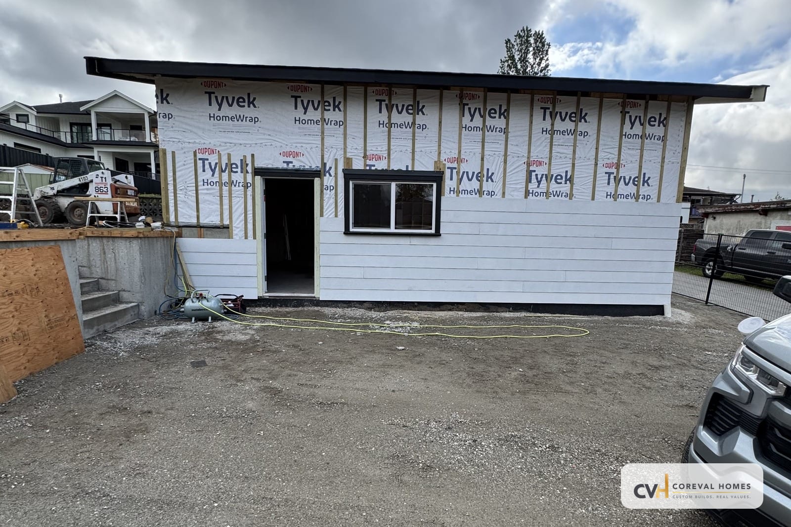 Garage exterior siding progress in Metro Vancouver